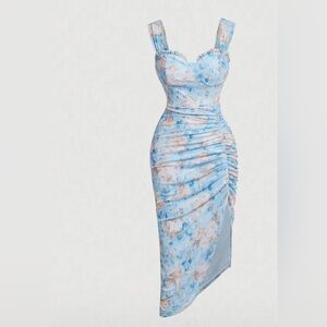 Floral Bodycon Dress Ruched Slit Sweetheart Neckline‎ Blue Party Size S